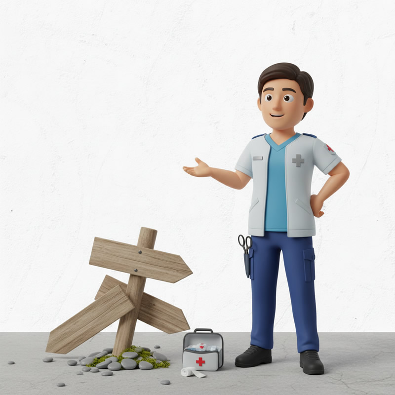 Friendly cartoon paramedic looking confused beside broken direction sign